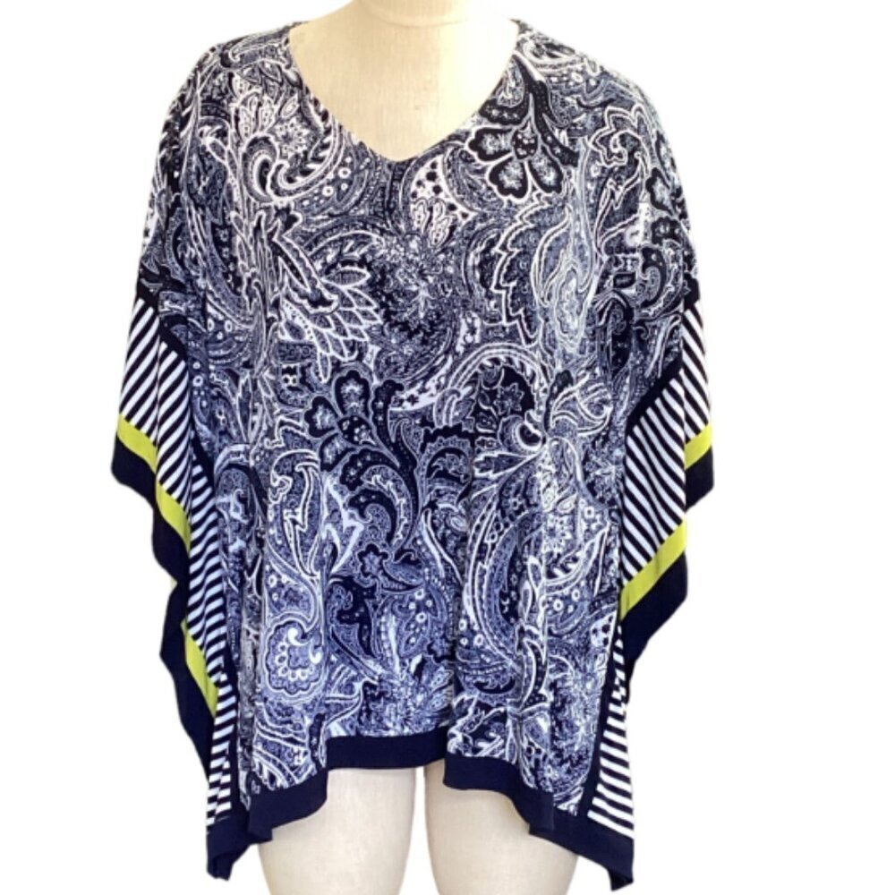 Susan Graver Printed Liquid Knit Scarf‎ Batwing Sleeve Paisley Poncho Top S #67L